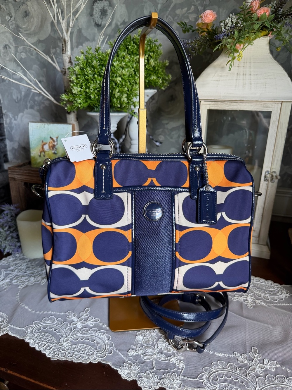NWT Y2K Coach LINEAR STRIPE SATCHEL Tote Bag Navy Blue Purse F25184